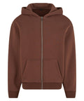 The Hoodies product is a brown zip-up hoodie with front zip, two front pockets, ribbed cuffs and hem, and an attached hood, displayed on a white background.