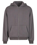 Hoodies: A plain grey zip-up hoodie featuring a hood, two front pockets, and ribbed cuffs and hem, shown on a white background.