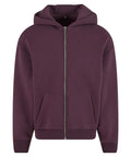 The Hoodies is a dark purple zip-up hoodie featuring a front zip, two front pockets, a hood, and ribbed cuffs and hem, shown on a white background.
