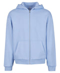 A light blue hoodie zip-up with front zip, two pockets, hood, and ribbed cuffs and hem is shown against a white background.