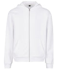 A plain white zip-up hoodie with a hood and two front pockets, shown from the front with the zip fully closed, displayed on a white background.