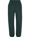 Dark green tracksuit bottoms featuring an elasticated waistband and elasticated cuffs, shown from the front against a white background.