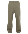 Trackwear: Relaxed fit olive green tracksuit bottoms with an elasticated waistband, shown against a white background.