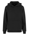 A black "Hoodies" sweatshirt with a hood, front kangaroo pocket, and long sleeves, featuring a minimalist design with no logos or graphics, shown against a white background.
