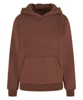 A plain brown hoodie with a front kangaroo pocket and long sleeves, shown on a white background.