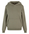 A plain olive green hoodie with a front kangaroo pocket, ribbed cuffs and hem is shown against a white background.