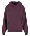 A plain, dark purple "Hoodies" sweatshirt featuring a front kangaroo pocket, long sleeves, and a hood without drawcords, shown on a white background.