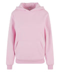 A hoodie sweatshirt in plain light pink featuring a hood, front pocket, long sleeves, and ribbed cuffs and hem, shown on a white background.