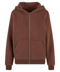 The Hoodies product features a plain brown design with a hood, front zip, two front pockets, and ribbed cuffs and hem, shown on a white background.