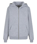 A front view of a light grey zip-up hoodie with a hood, two front pockets, and ribbed cuffs and hem.