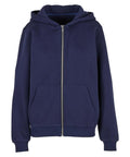 The Hoodies product is a plain navy blue zip-up with a front zip, two front pockets, a hood, and ribbed cuffs and hem, shown on a white background.