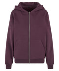 A front view of Hoodies—a plain, zip-up dark mauve hoodie featuring a hood, long sleeves, ribbed cuffs and hem, and two front pockets.