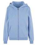 A zip-up hoodie in light blue featuring a front zip, two pockets, a hood, and ribbed cuffs and hem, shown against a plain white background.
