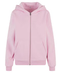 The Hoodies product is a light pink zip-up hoodie featuring a front zip, two pockets, ribbed cuffs, and a hood, displayed against a white background.