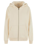 A Hoodies zip-up hoodie in light beige with a hood, two front pockets, and ribbed cuffs and hem, shown on a white background.