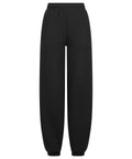 A pair of joggers in plain black, featuring an elastic waistband and elastic ankle cuffs, displayed against a white background.