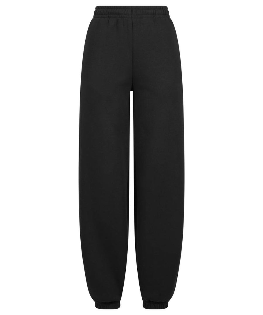 A pair of joggers in plain black, featuring an elastic waistband and elastic ankle cuffs, displayed against a white background.