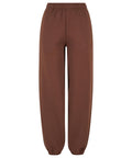 Brown joggers featuring an elasticated waistband and ankle cuffs, displayed against a white background.