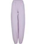 Lavender tracksuit bottoms with an elasticated waistband and ankle cuffs, shown on a white background.