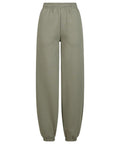 Straight-on view of olive green joggers with an elastic waistband and ankle cuffs, displayed against a white background.