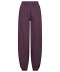 A pair of joggers in plain dark purple, featuring an elasticated waistband and ankle cuffs, displayed against a white background.