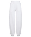 Sweatpants shown from the back in plain white, featuring an elasticated waistband and ankle cuffs. The fabric is smooth and the simple design has no visible branding or pockets.