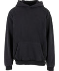 A black hooded sweatshirt with a hood, front kangaroo pocket, long sleeves, and ribbed cuffs and hem is shown against a white background.