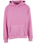 A pink Hoodies sweatshirt featuring a hood, front kangaroo pocket, ribbed cuffs, and ribbed waistband is displayed against a white background.