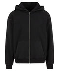 A black zip-up hoodie from Hoodies, featuring a hood, front zip, two front pockets, and ribbed cuffs and hem, shown on a white background.