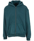 The Hoodies is a teal zip-up hoodie featuring a hood, front zip, two front pockets, long sleeves with ribbed cuffs, and a ribbed hem.