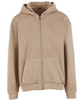 A tan hoodie zip-up with a front zip, two pockets, and a hood is displayed on a plain white background.