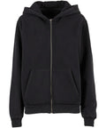 A zip-up hoodie features a plain black design with a hood, front pockets, and ribbed cuffs and hem, shown against a white background.