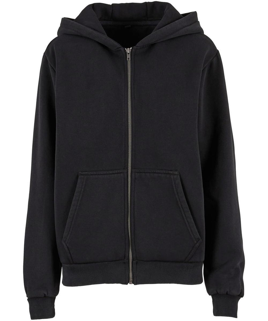 A zip-up hoodie features a plain black design with a hood, front pockets, and ribbed cuffs and hem, shown against a white background.