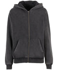 A Hoodie zip-up in dark grey features a front zip, two front pockets, ribbed cuffs and hem, and an attached hood. Shown on a plain white background.