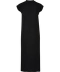 The "Dresses" product is a plain black, short-sleeved, ankle-length dress with a high round neckline and a straight, loose fit, featuring no patterns, buttons, or embellishments.