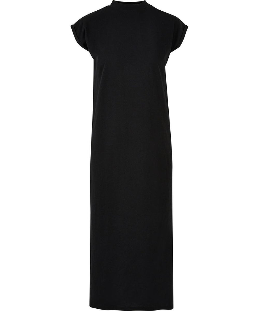 The "Dresses" product is a plain black, short-sleeved, ankle-length dress with a high round neckline and a straight, loose fit, featuring no patterns, buttons, or embellishments.