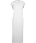 The Dresses product is a plain white, ankle-length dress with short sleeves and a crew neck, shown on a white background. It features a simple, straight cut with no patterns or embellishments.