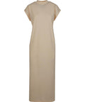 Beige knee-length dresses with short sleeves, a straight-cut silhouette, and round neckline, shown against a plain white background.