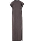 A plain dark grey dresses product, featuring short sleeves, ankle length, a straight cut, and a side slit, displayed against a white background.