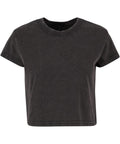 A black, short-sleeved cropped T-shirt with a crew neckline is displayed on a white background.