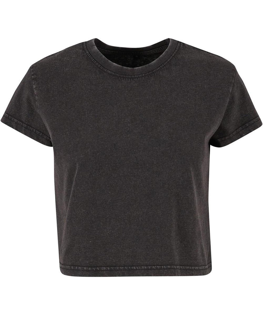 A black, short-sleeved cropped T-shirt with a crew neckline is displayed on a white background.