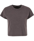 A dark grey, short-sleeved cropped T-shirt is shown against a white background.