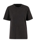 A black, short-sleeved T-shirt with a crew neck and loose fit is shown against a white background. The T-shirt is plain with no visible logos or designs.