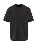 A loose-fitting, plain black T-shirt with short sleeves and a crew neckline is shown against a white background, featuring no logos or patterns.
