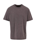 A relaxed-fit T-shirt in faded dark grey with short sleeves and a crew neck is displayed on a white background, featuring visible stitching on the sleeves, collar, and hem.