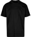A plain black T-shirt short-sleeve crew neck with a relaxed fit is shown on a white background. It features no logos, patterns, or designs.