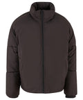 A black Jackets puffer jacket with a high collar, front zip, and long sleeves, featuring a minimalist design without visible logos or embellishments, displayed on a plain white background.