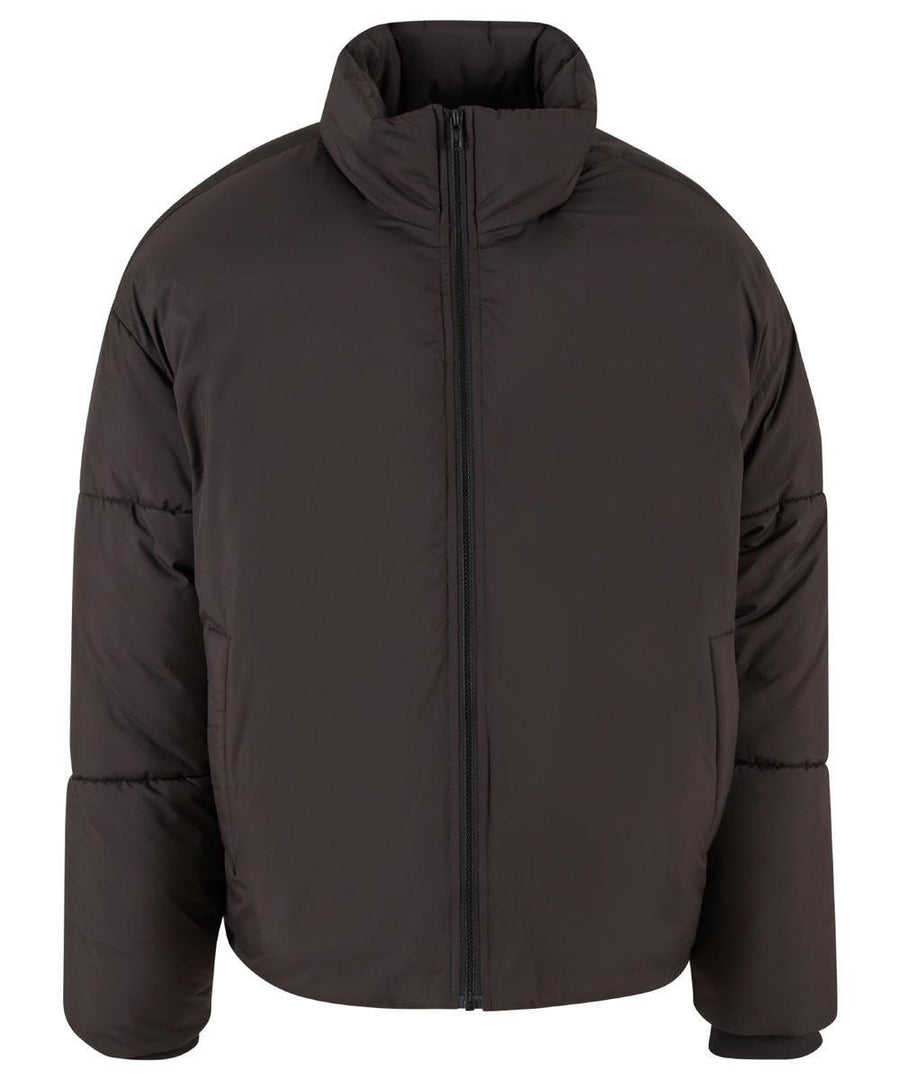A black Jackets puffer jacket with a high collar, front zip, and long sleeves, featuring a minimalist design without visible logos or embellishments, displayed on a plain white background.