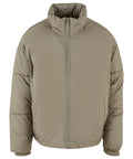 The Jackets product is a beige puffer with a high collar, front zip, quilted stitching, and two side pockets, shown against a plain white background.