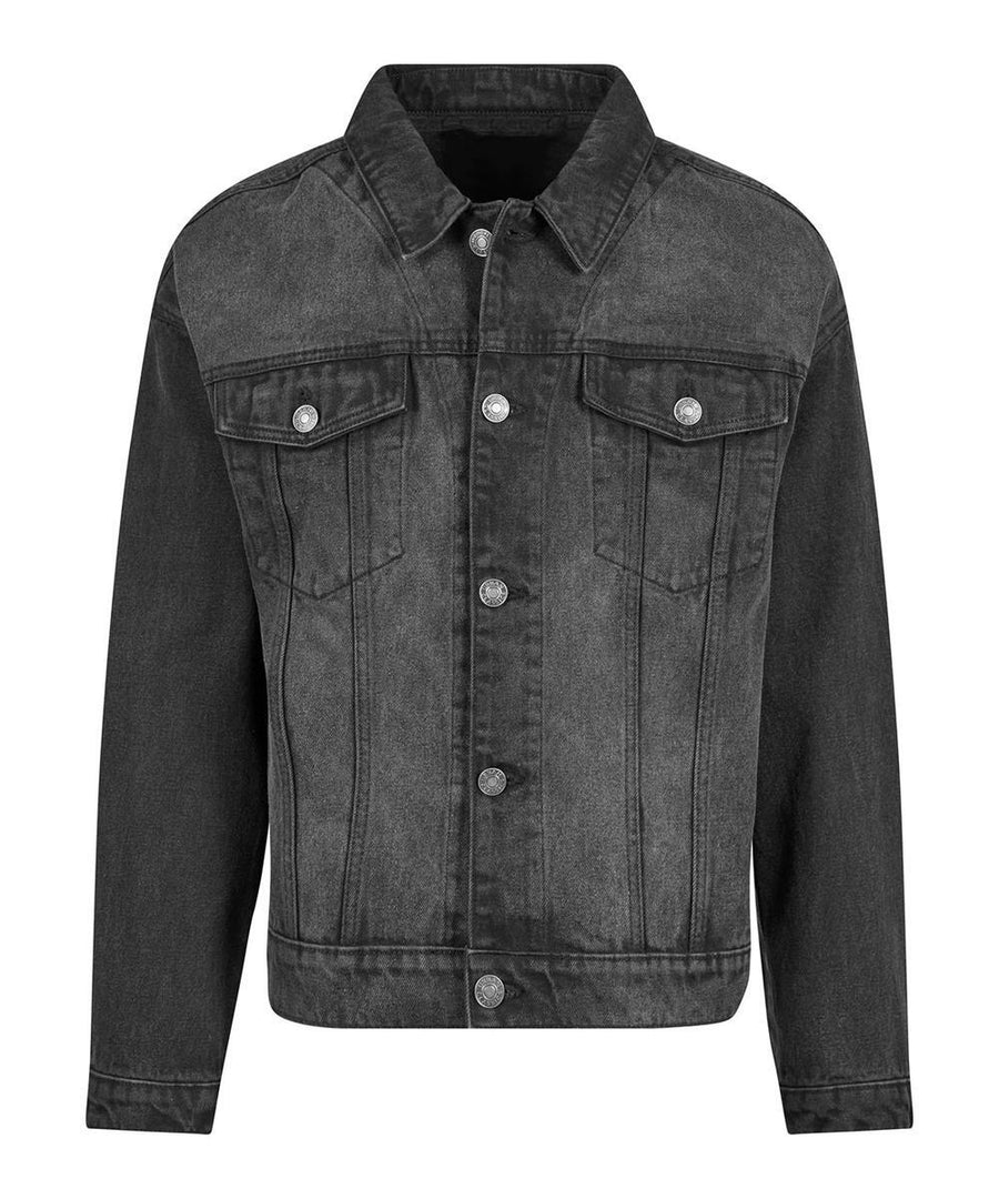 The Jackets product is a black denim jacket with silver buttons, two chest flap pockets, a classic collar, long sleeves, and a slightly faded look.